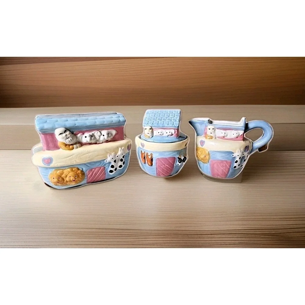 Vintage 3-Pc. Noah's Ark Napkin Holder, Creamer & Sugar Hand-Painted Ceramic Set